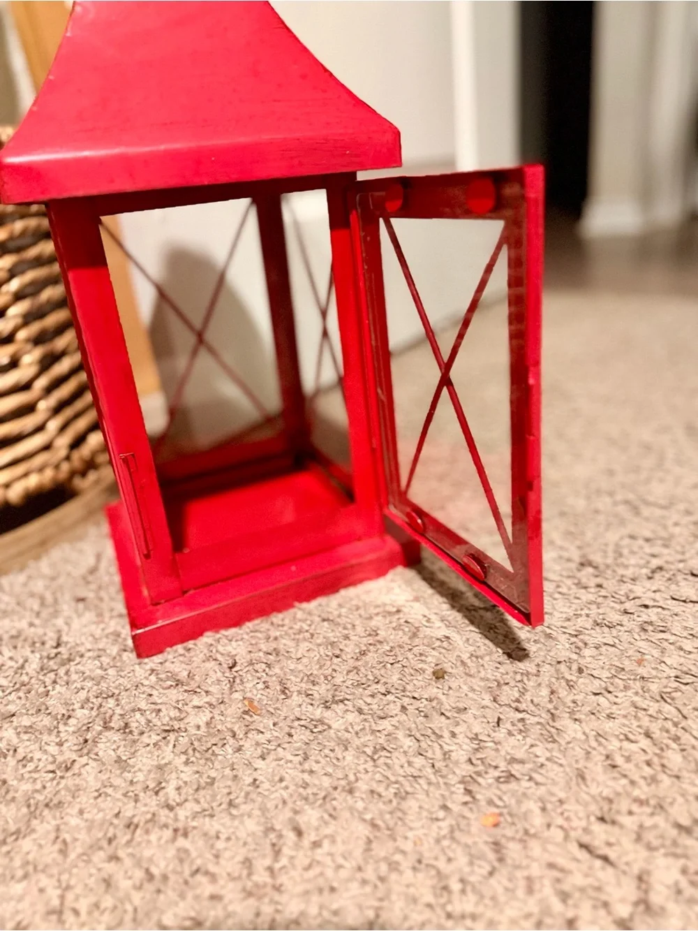Red Metal Candle Lantern 20in Glass Panel Farmhouse Boho Decor